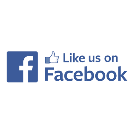 Blue Facebook logo that says "Like us on Facebook"